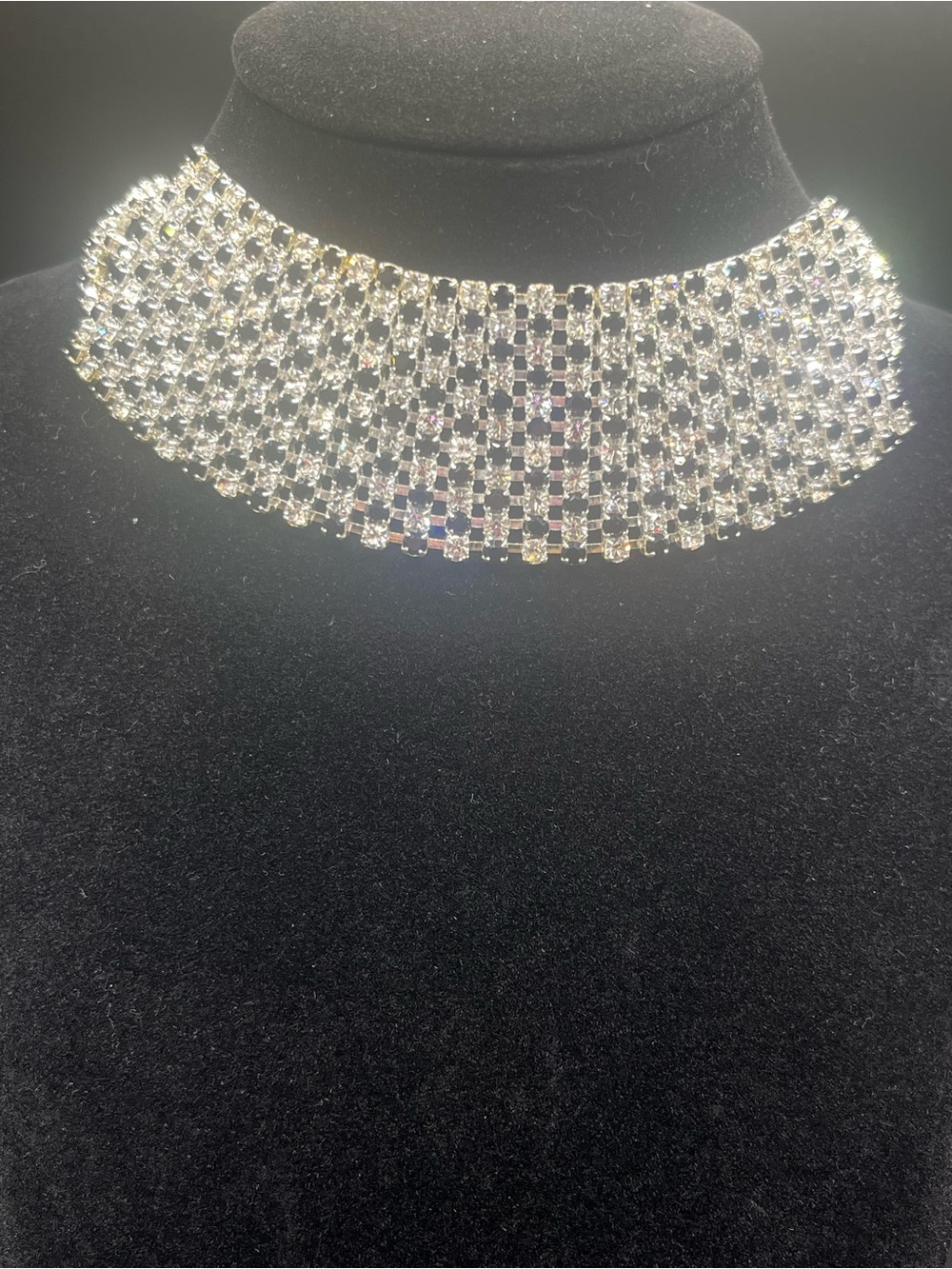 Vintage Black & Clear Rhinestone Choker Necklace Statement Collar Adjustable